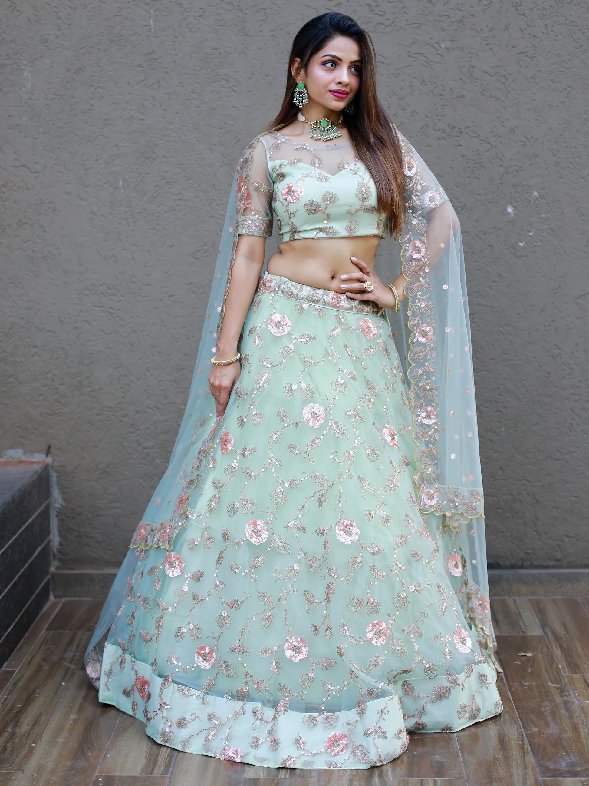 Sweet Pista Green Thread Embroidered Net Designer Lehenga Choli - Zeel Clothing