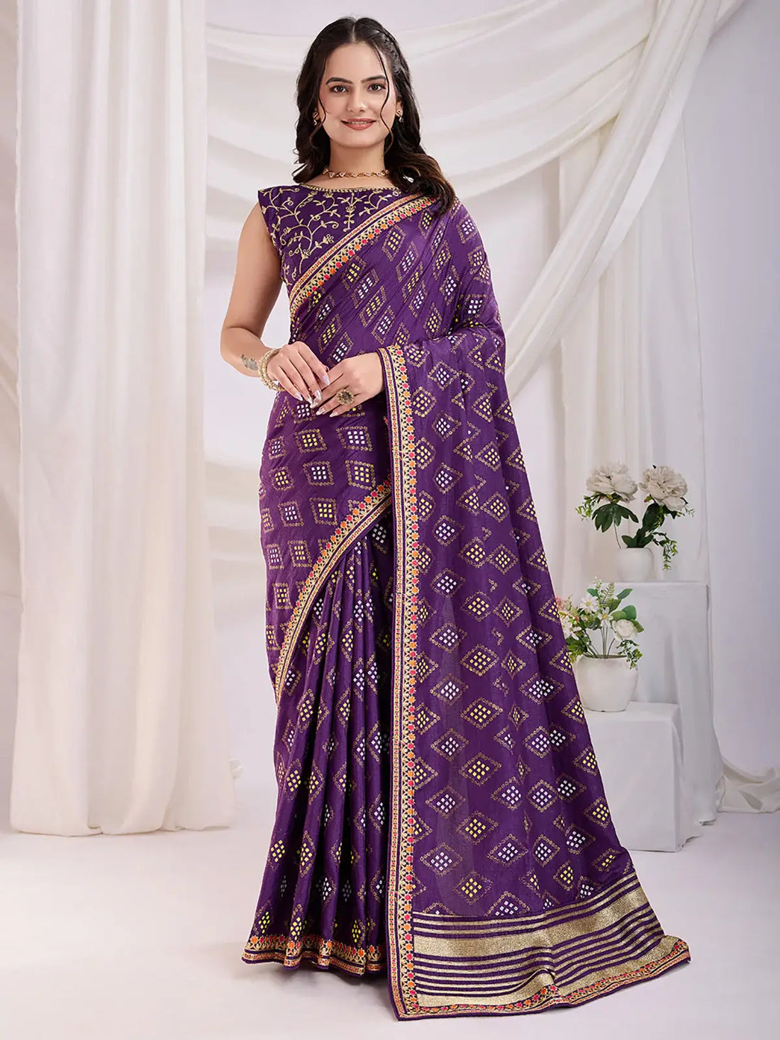 Sweet Purple Bandhej Printed Silk Event Wear Saree - Zeel Clothing