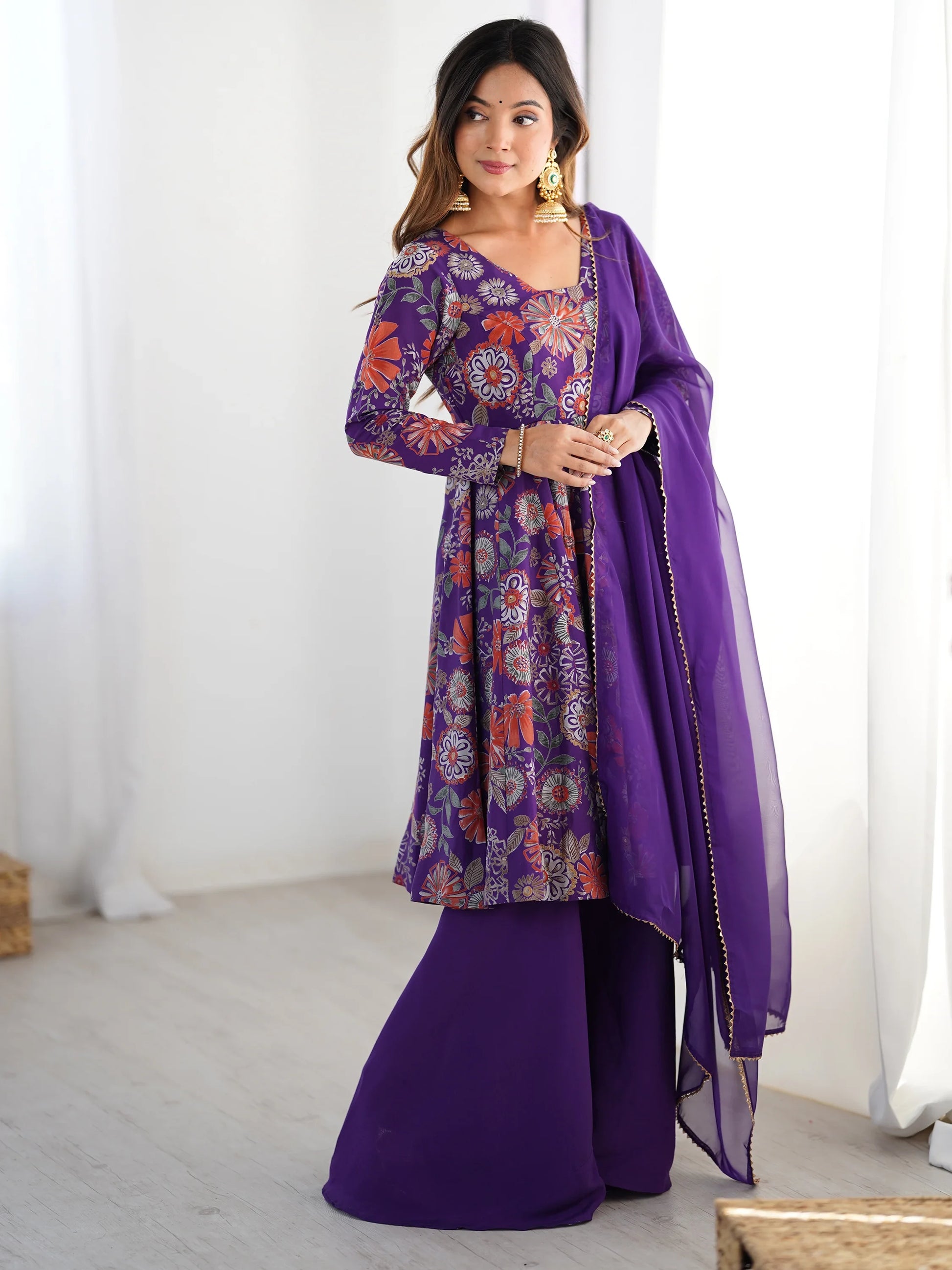 Sweet Purple Floral Printed Silk Festival Wear Palazzo Suit With Dupatta - Zeel Clothing