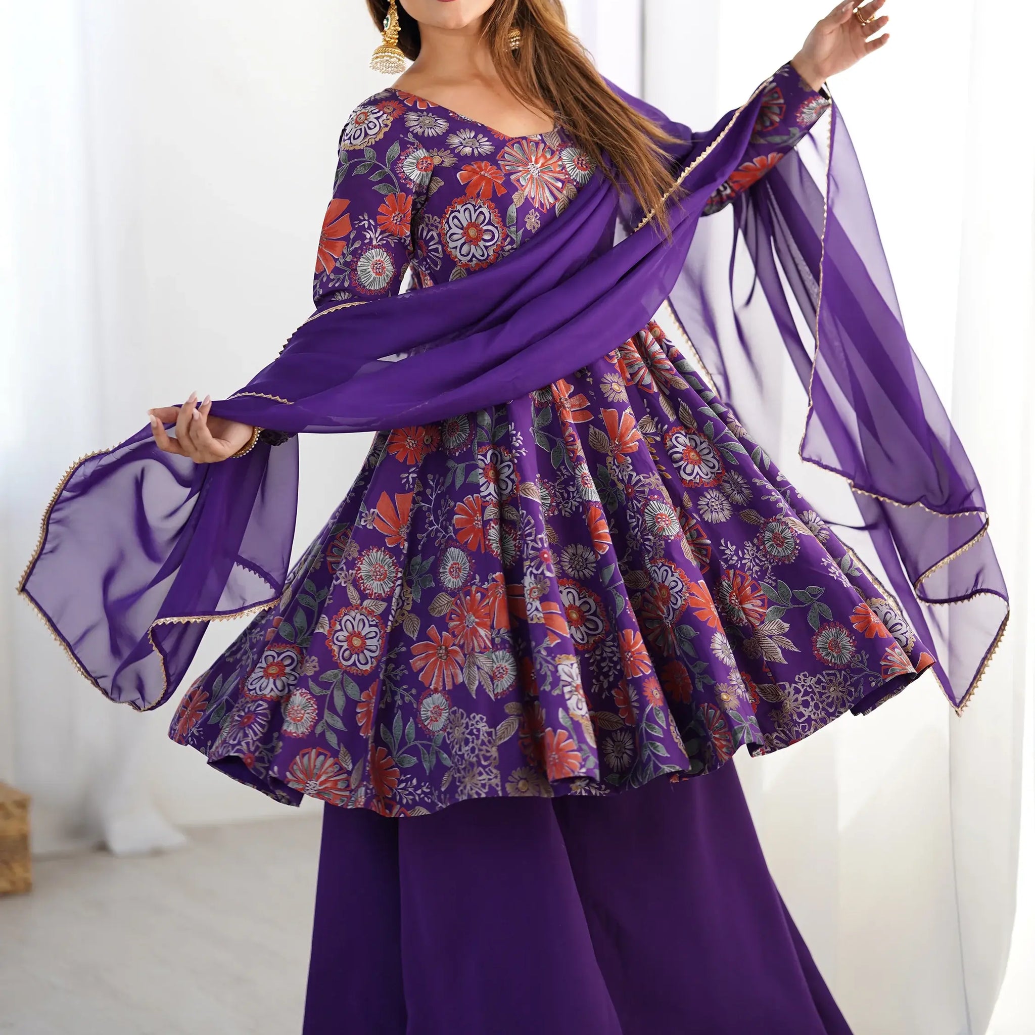 Sweet Purple Floral Printed Silk Festival Wear Palazzo Suit With Dupatta - Zeel Clothing