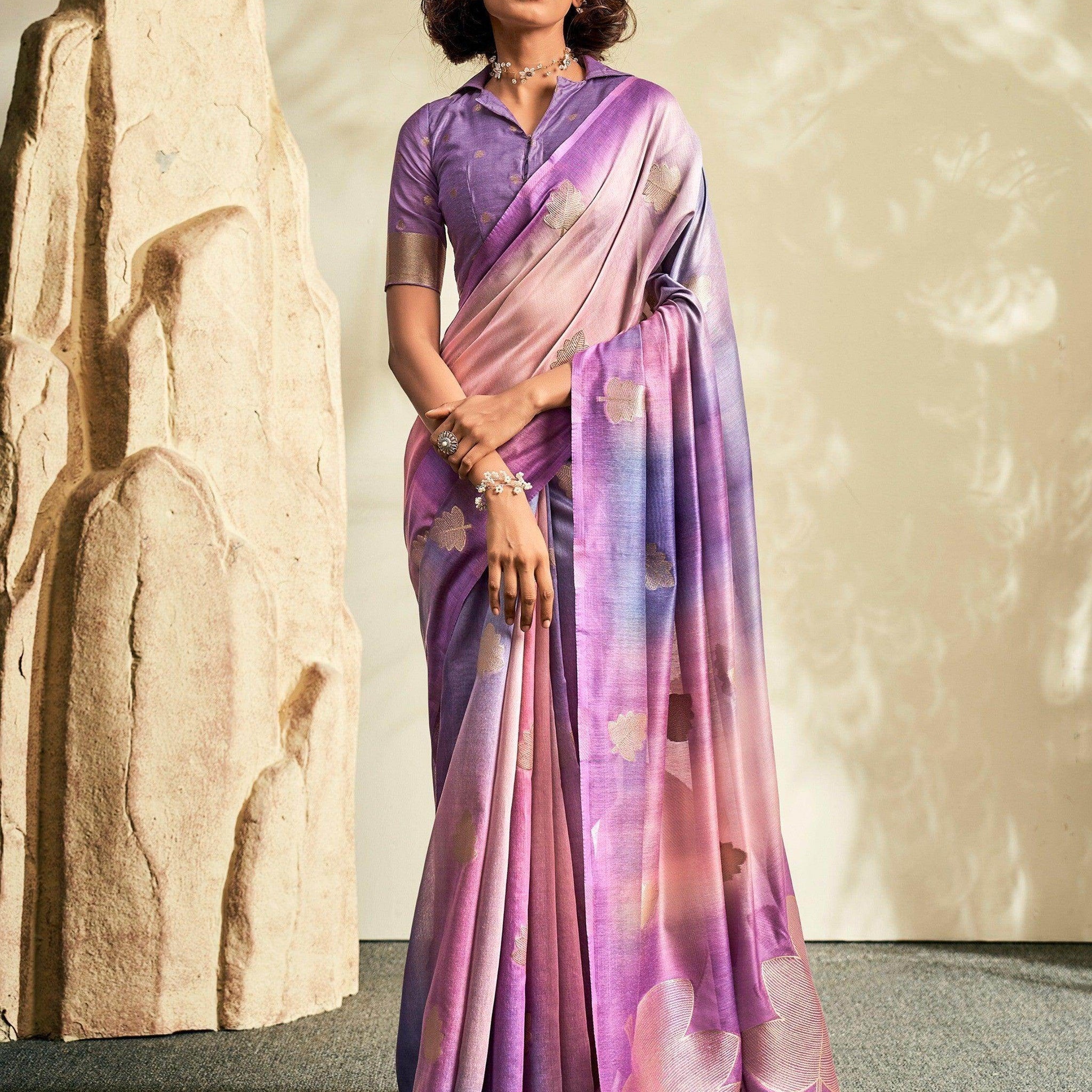 Sweet Purple Thread Work Silk Events Wear Saree With Blouse - Zeel Clothing