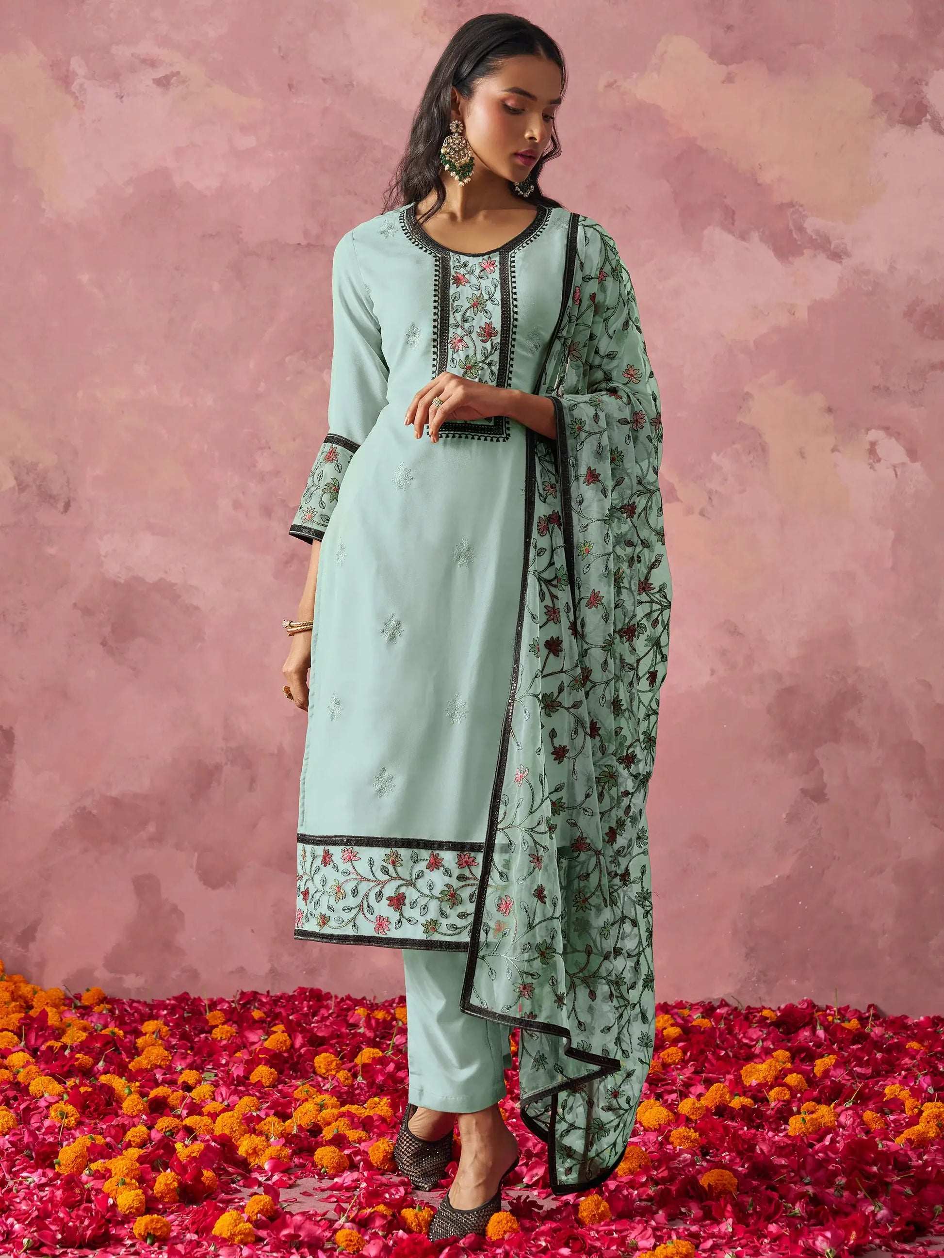 Sweet Sky-Blue Thread Embroidery Georgette Traditional Pant Suit - Zeel Clothing