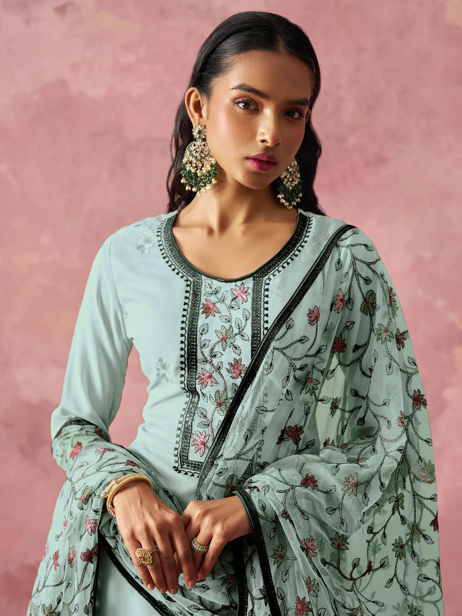 Sweet Sky-Blue Thread Embroidery Georgette Traditional Pant Suit - Zeel Clothing