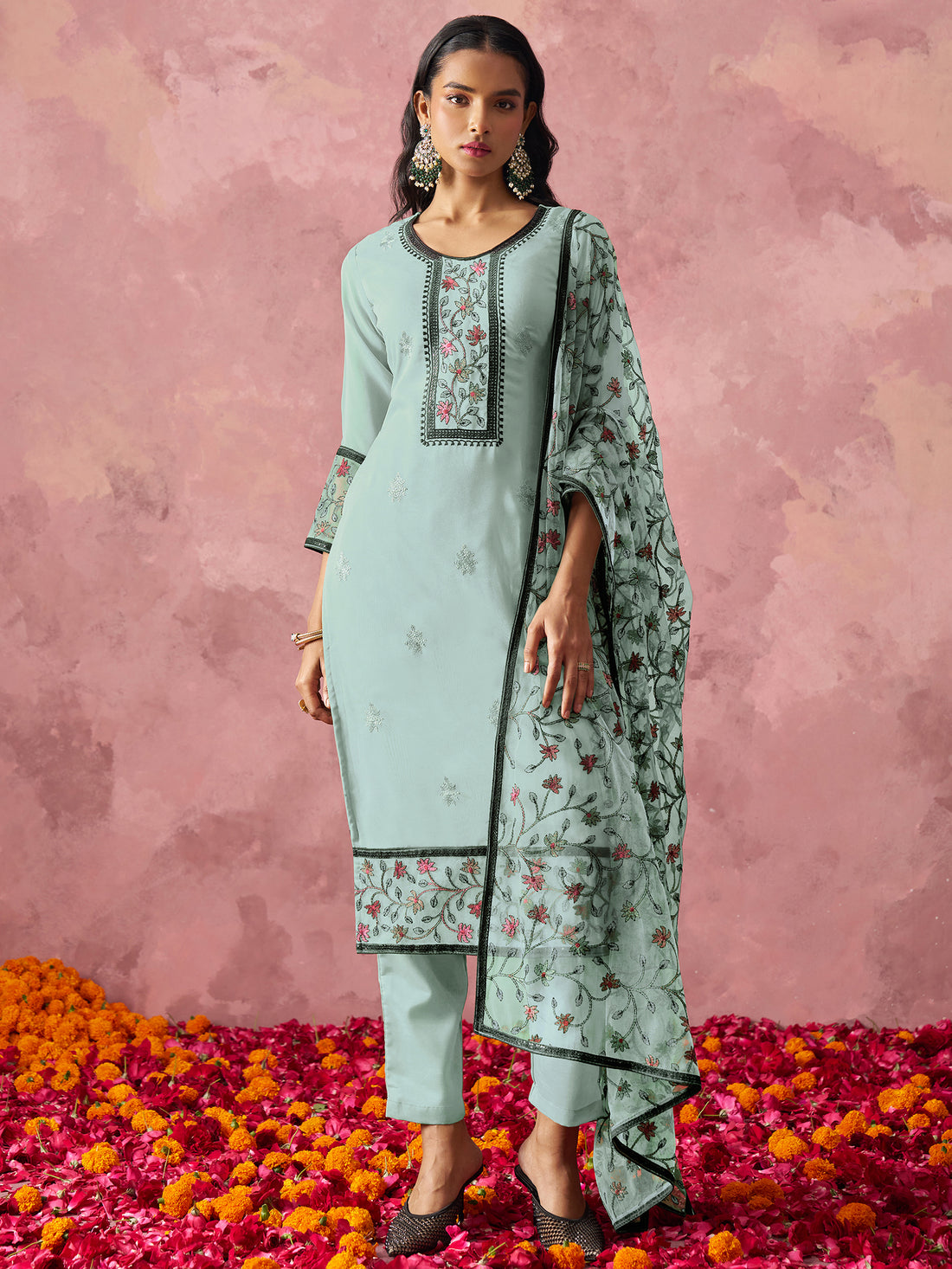 Sweet Sky-Blue Thread Embroidery Georgette Traditional Pant Suit - Zeel Clothing