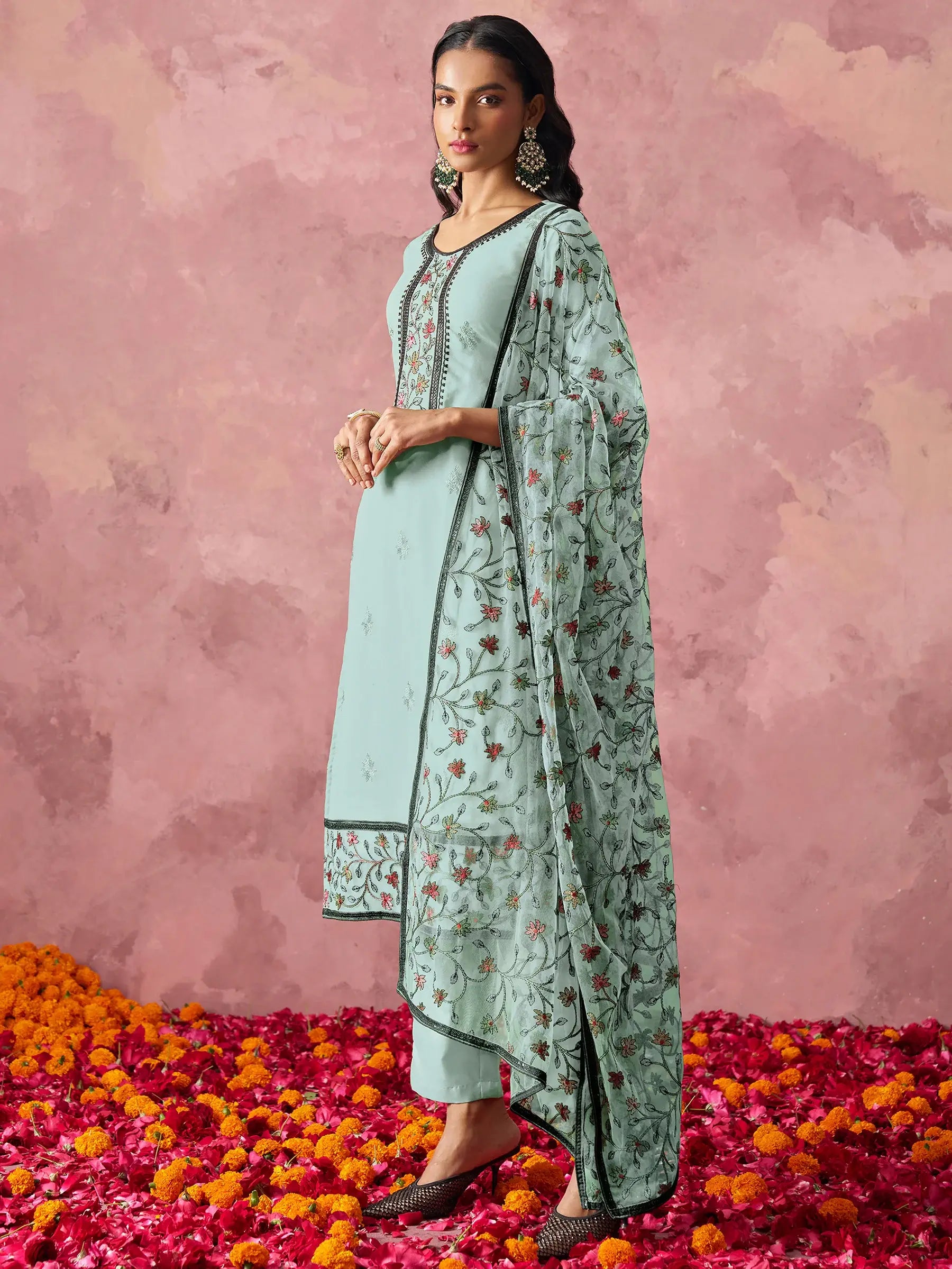 Sweet Sky-Blue Thread Embroidery Georgette Traditional Pant Suit - Zeel Clothing