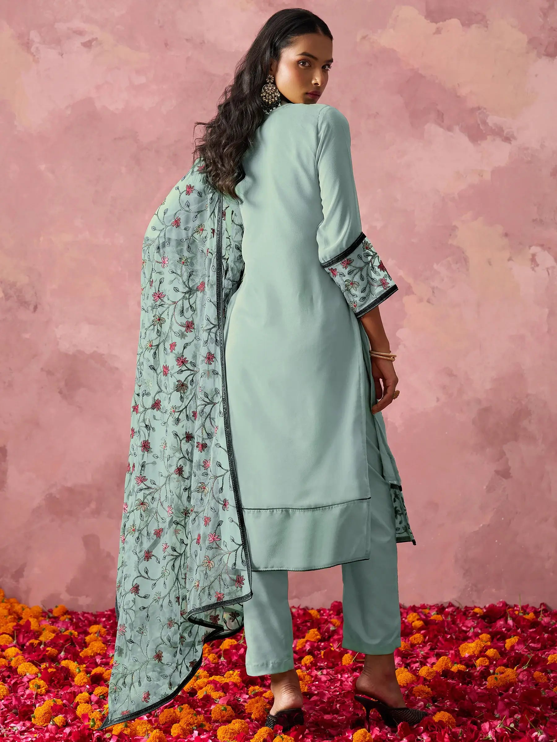 Sweet Sky-Blue Thread Embroidery Georgette Traditional Pant Suit - Zeel Clothing