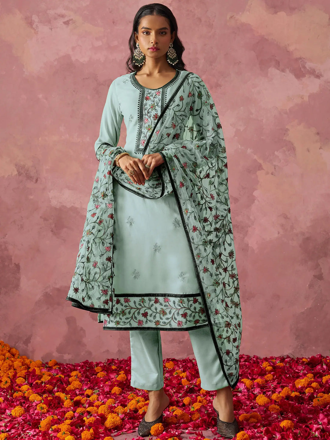 Sweet Sky-Blue Thread Embroidery Georgette Traditional Pant Suit - Zeel Clothing