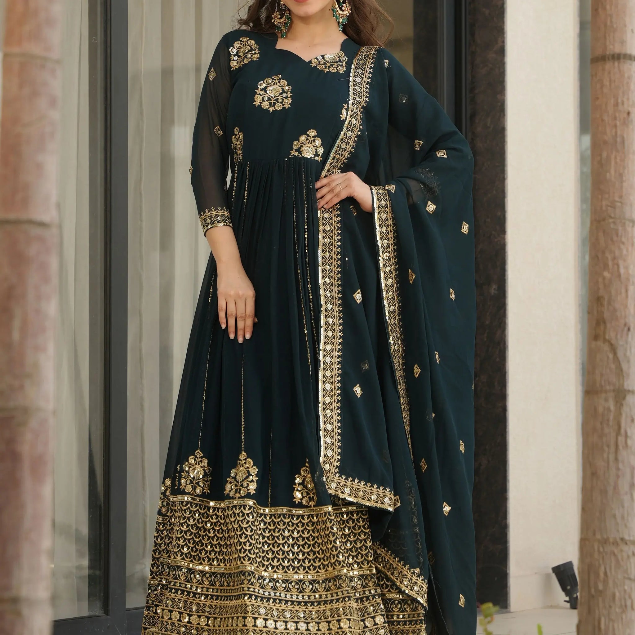 Sweet Teal Blue Sequins Embroidery Georgette Bridesmaid Wear Gown With Dupatta - Zeel Clothing