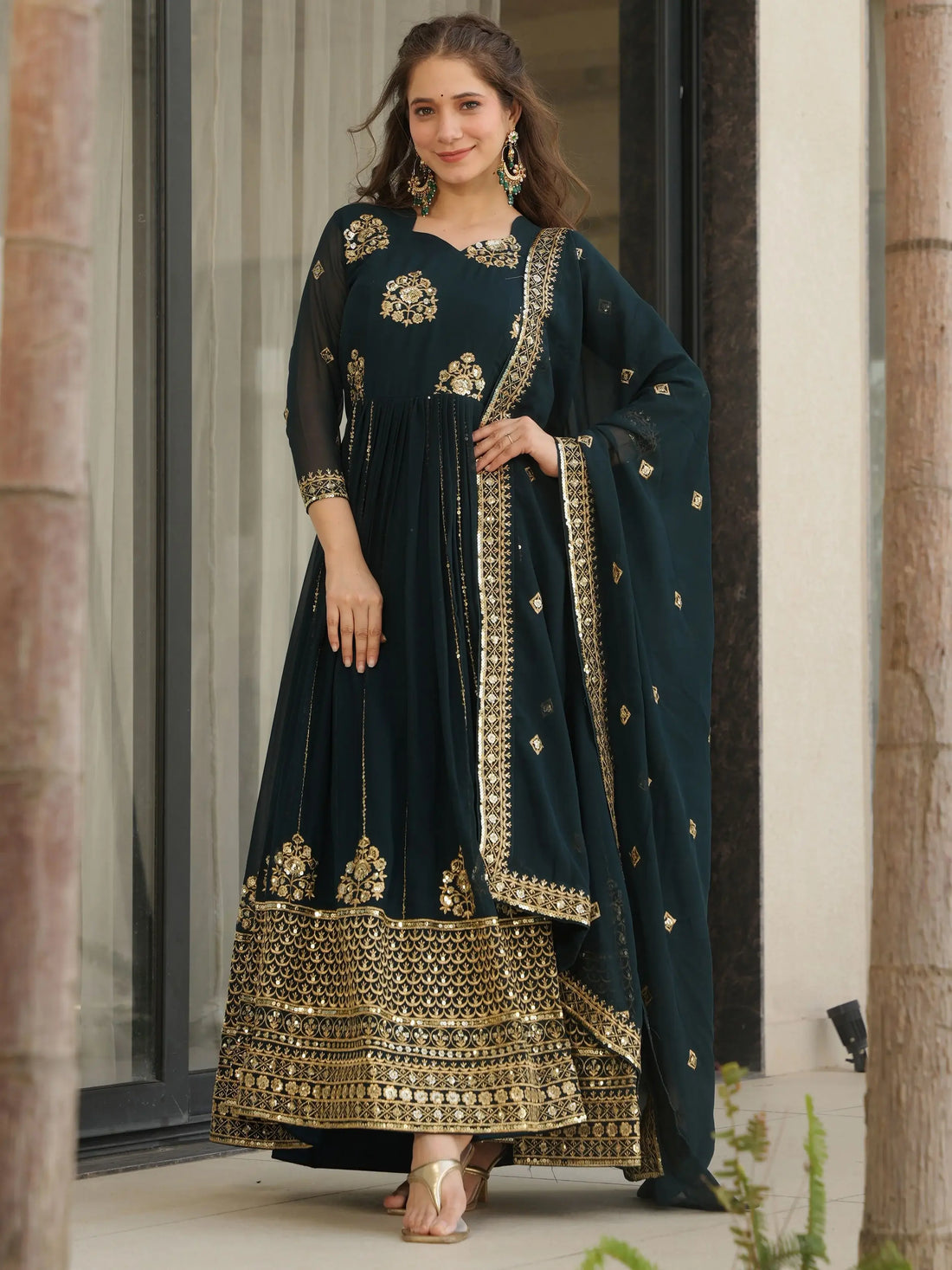 Sweet Teal Blue Sequins Embroidery Georgette Bridesmaid Wear Gown With Dupatta - Zeel Clothing