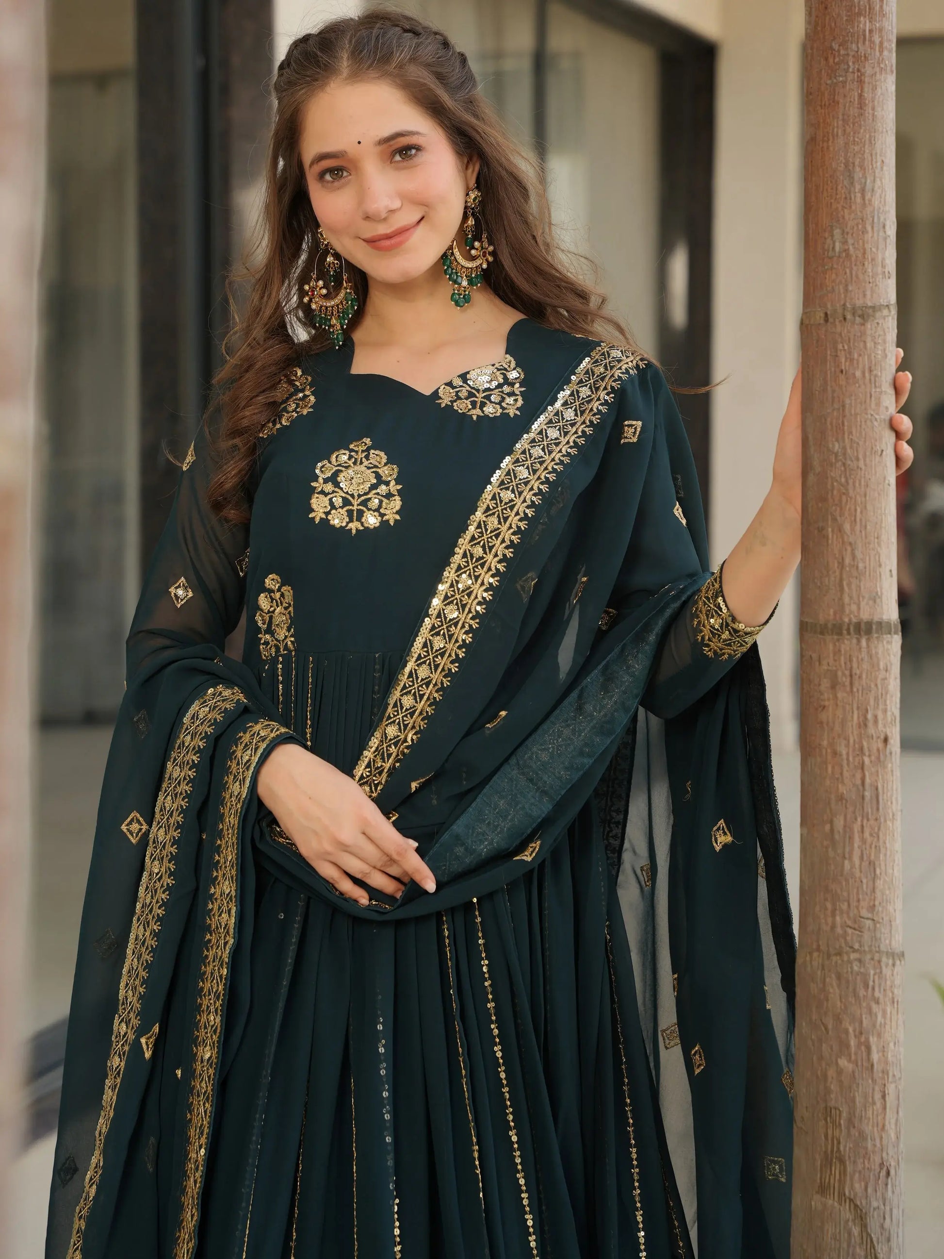 Sweet Teal Blue Sequins Embroidery Georgette Bridesmaid Wear Gown With Dupatta - Zeel Clothing