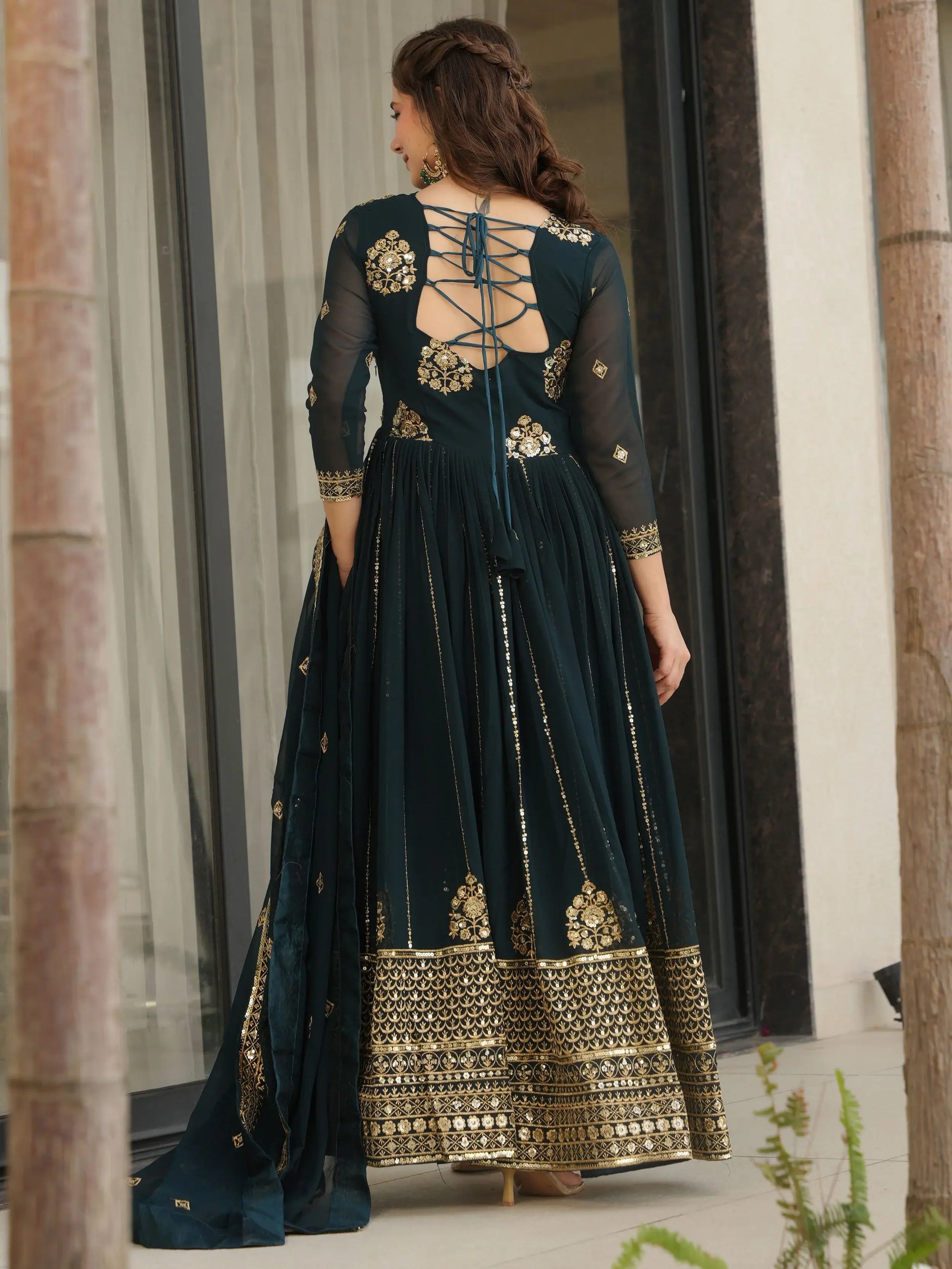 Sweet Teal Blue Sequins Embroidery Georgette Bridesmaid Wear Gown With Dupatta - Zeel Clothing