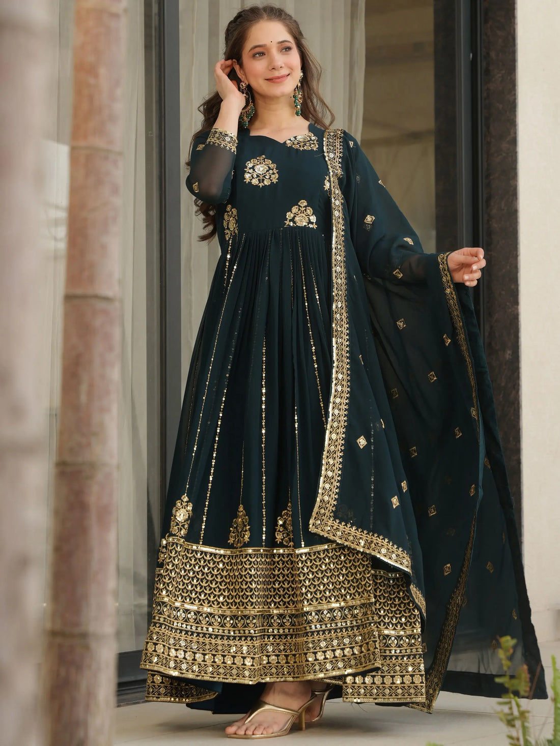 Sweet Teal Blue Sequins Embroidery Georgette Bridesmaid Wear Gown With Dupatta - Zeel Clothing