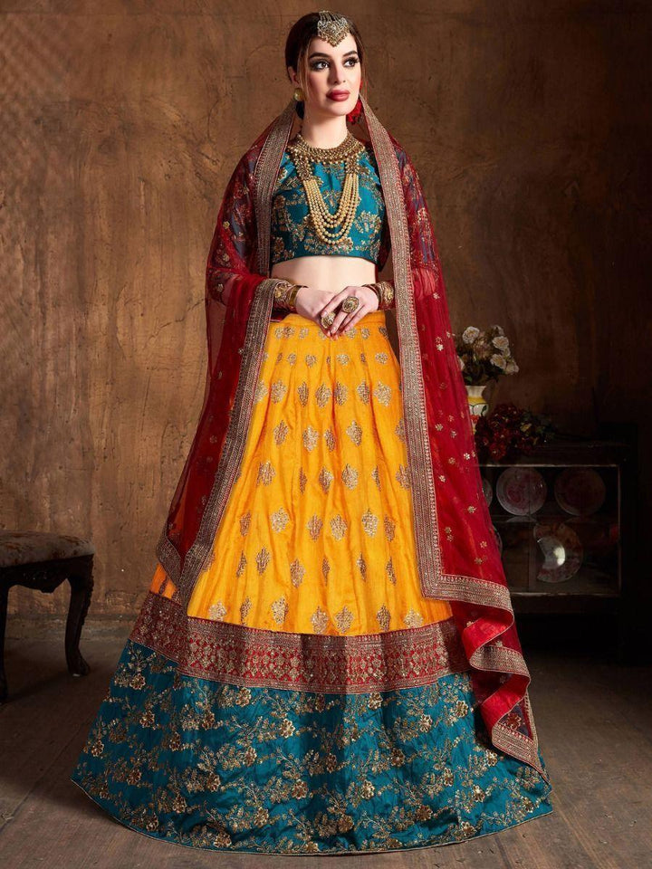 Sweet Teal Green & Yellow Embroidered Banarasi Silk Lehenga Choli