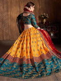 Sweet Teal Green & Yellow Embroidered Banarasi Silk Lehenga Choli - Zeel Clothing