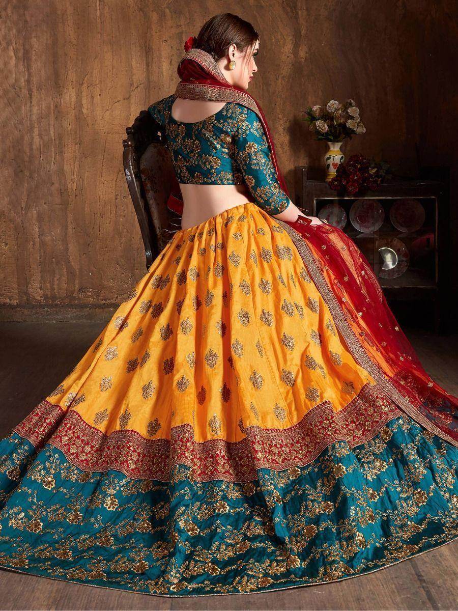 Sweet Teal Green & Yellow Embroidered Banarasi Silk Lehenga Choli - Zeel Clothing