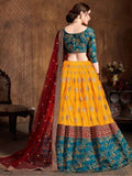 Sweet Teal Green & Yellow Embroidered Banarasi Silk Lehenga Choli - Zeel Clothing