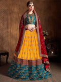 Sweet Teal Green & Yellow Embroidered Banarasi Silk Lehenga Choli - Zeel Clothing