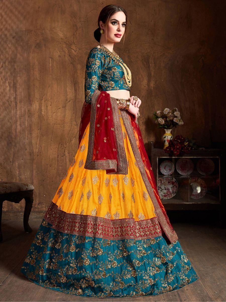Sweet Teal Green & Yellow Embroidered Banarasi Silk Lehenga Choli