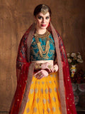 Sweet Teal Green & Yellow Embroidered Banarasi Silk Lehenga Choli - Zeel Clothing
