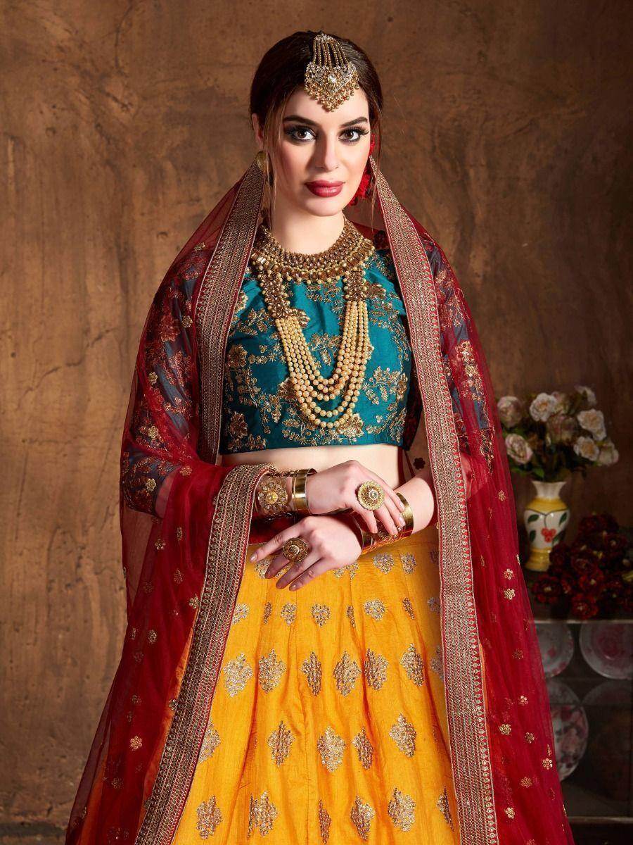 Sweet Teal Green & Yellow Embroidered Banarasi Silk Lehenga Choli - Zeel Clothing