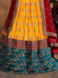 Sweet Teal Green & Yellow Embroidered Banarasi Silk Lehenga Choli - Zeel Clothing