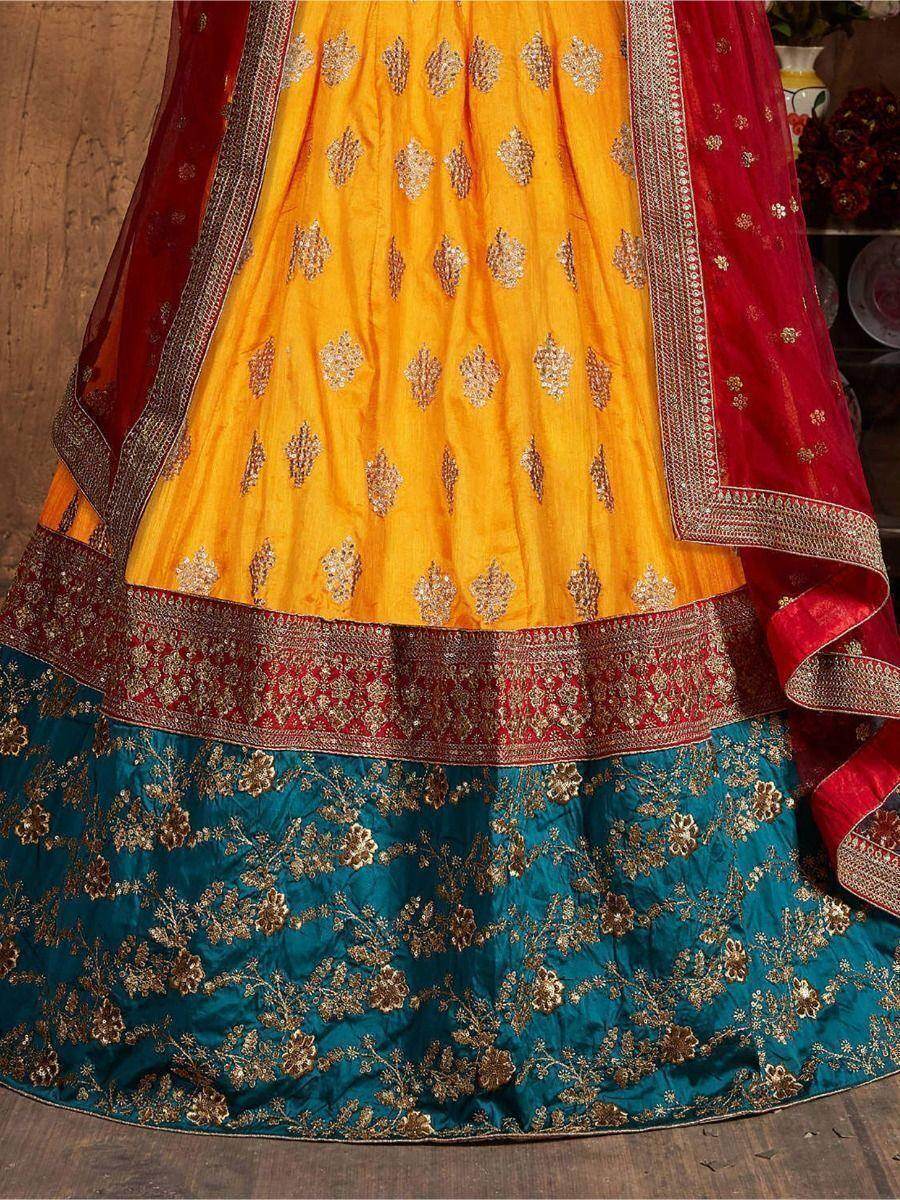 Sweet Teal Green & Yellow Embroidered Banarasi Silk Lehenga Choli - Zeel Clothing
