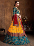 Sweet Teal Green & Yellow Embroidered Banarasi Silk Lehenga Choli - Zeel Clothing