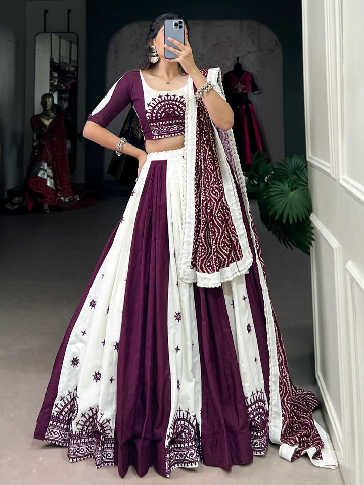 Sweet Wine Gamthi Work Cotton Festive Wear Lehenga Choli With Dupatta - Zeel Clothing