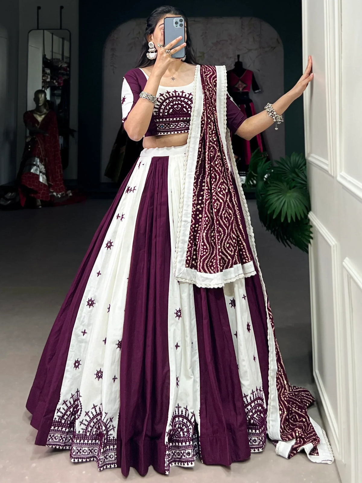 Sweet Wine Gamthi Work Cotton Festive Wear Lehenga Choli With Dupatta - Zeel Clothing