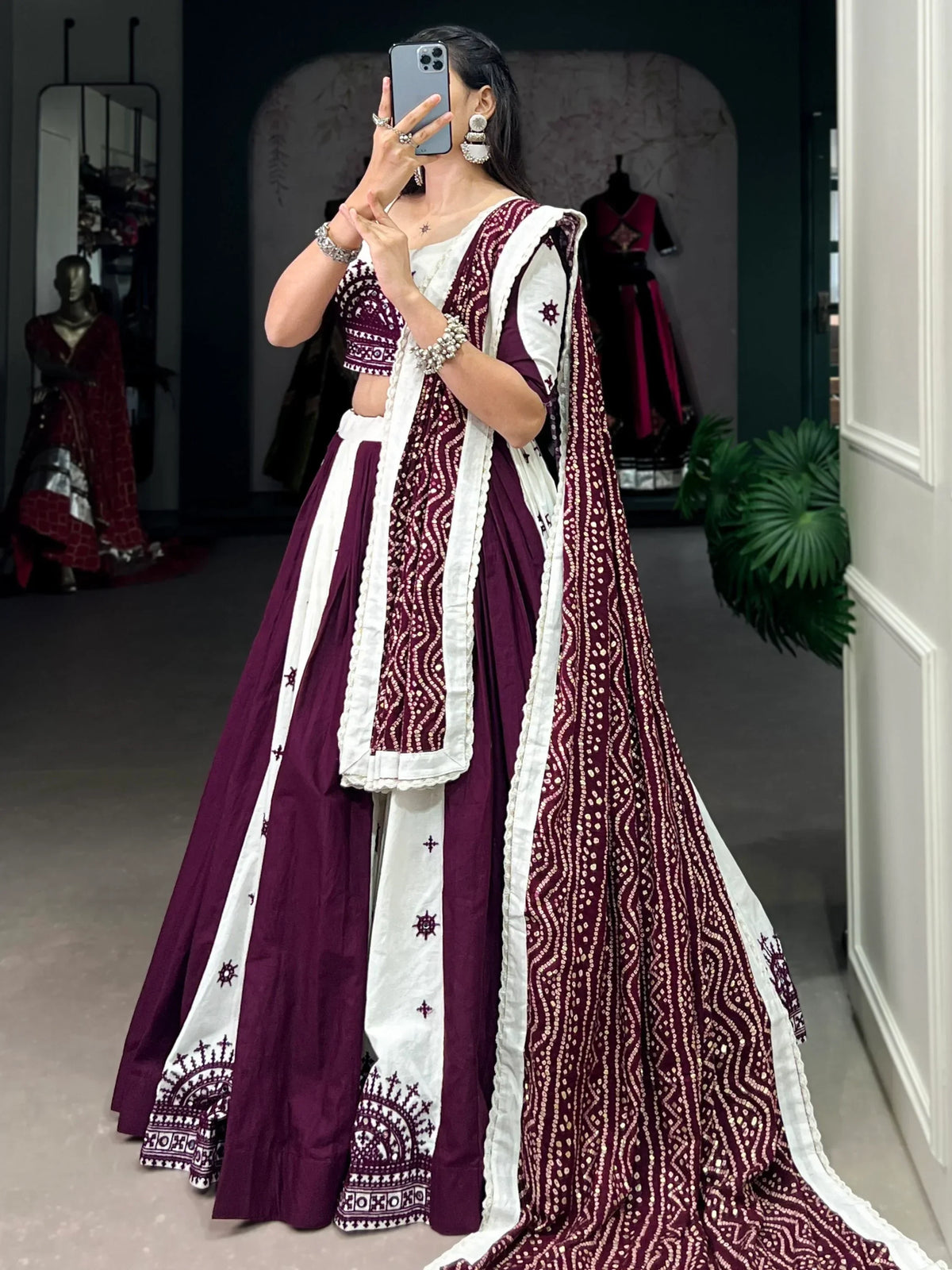 Sweet Wine Gamthi Work Cotton Festive Wear Lehenga Choli With Dupatta - Zeel Clothing
