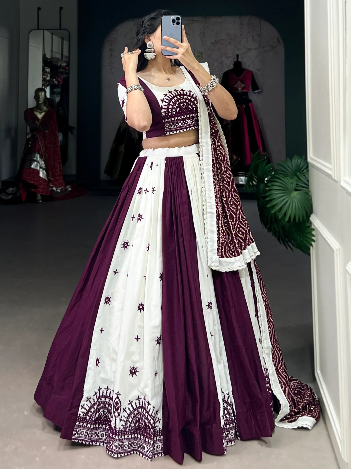 Sweet Wine Gamthi Work Cotton Festive Wear Lehenga Choli With Dupatta - Zeel Clothing