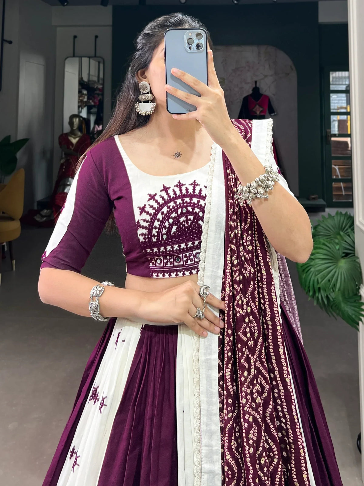 Sweet Wine Gamthi Work Cotton Festive Wear Lehenga Choli With Dupatta - Zeel Clothing