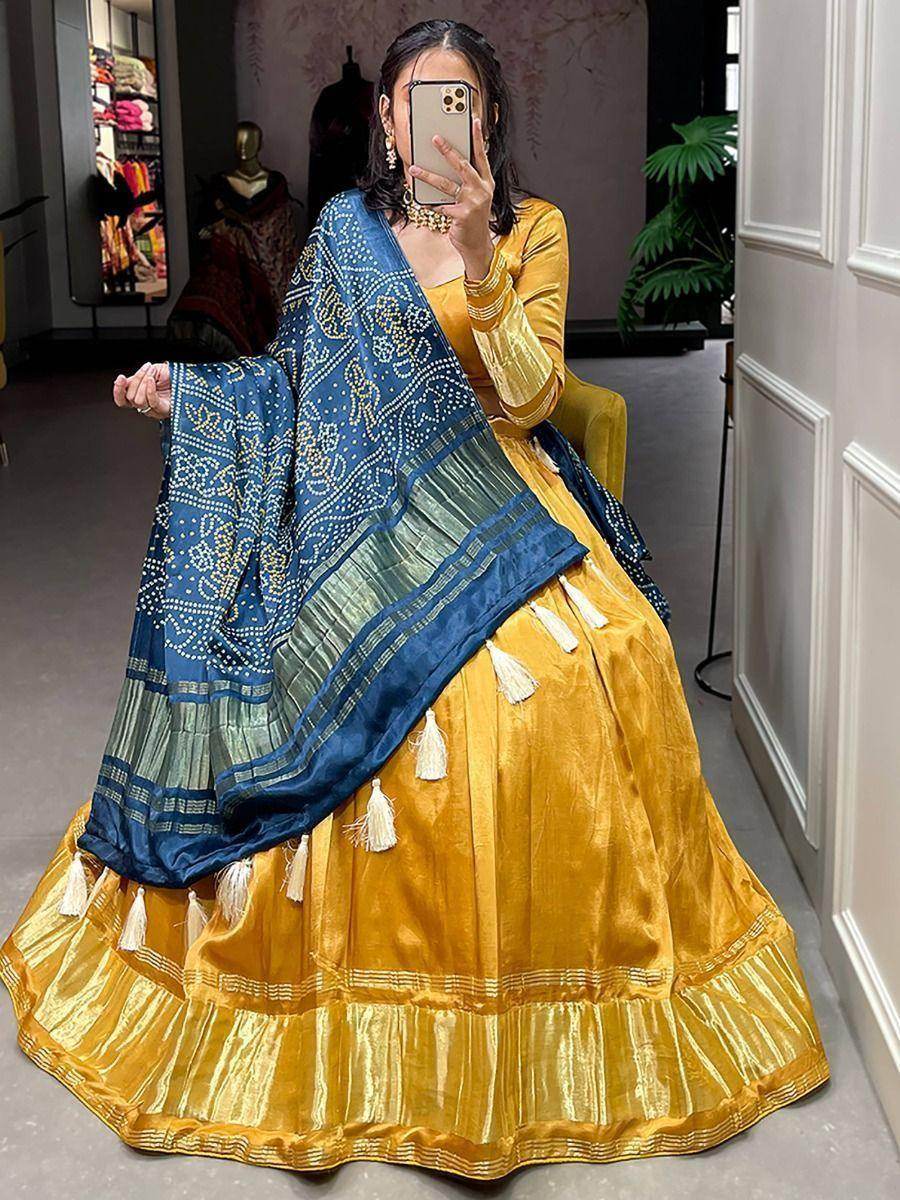 Sweet Yellow Gaji Silk Reception Lehenga Choli With Bandhani Dupatta - Zeel Clothing