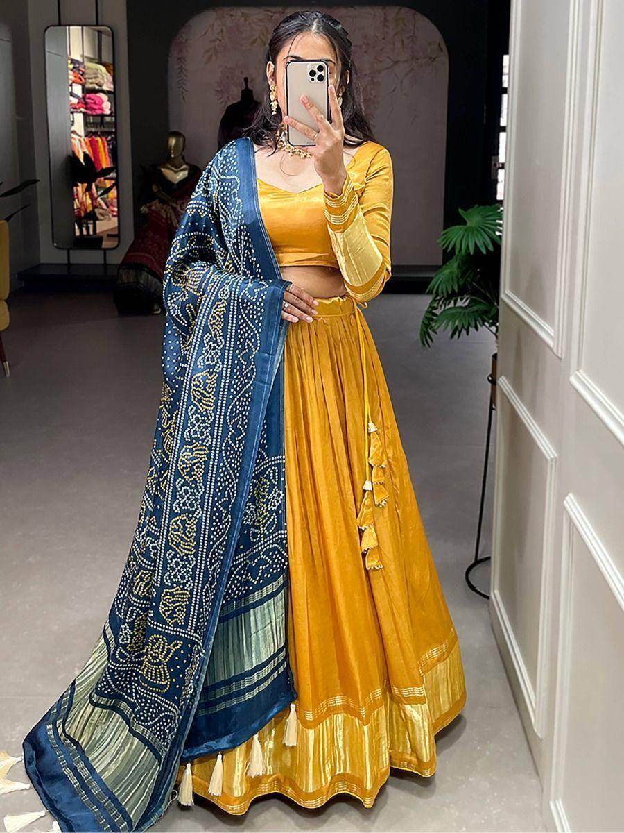 Sweet Yellow Gaji Silk Reception Lehenga Choli With Bandhani Dupatta - Zeel Clothing
