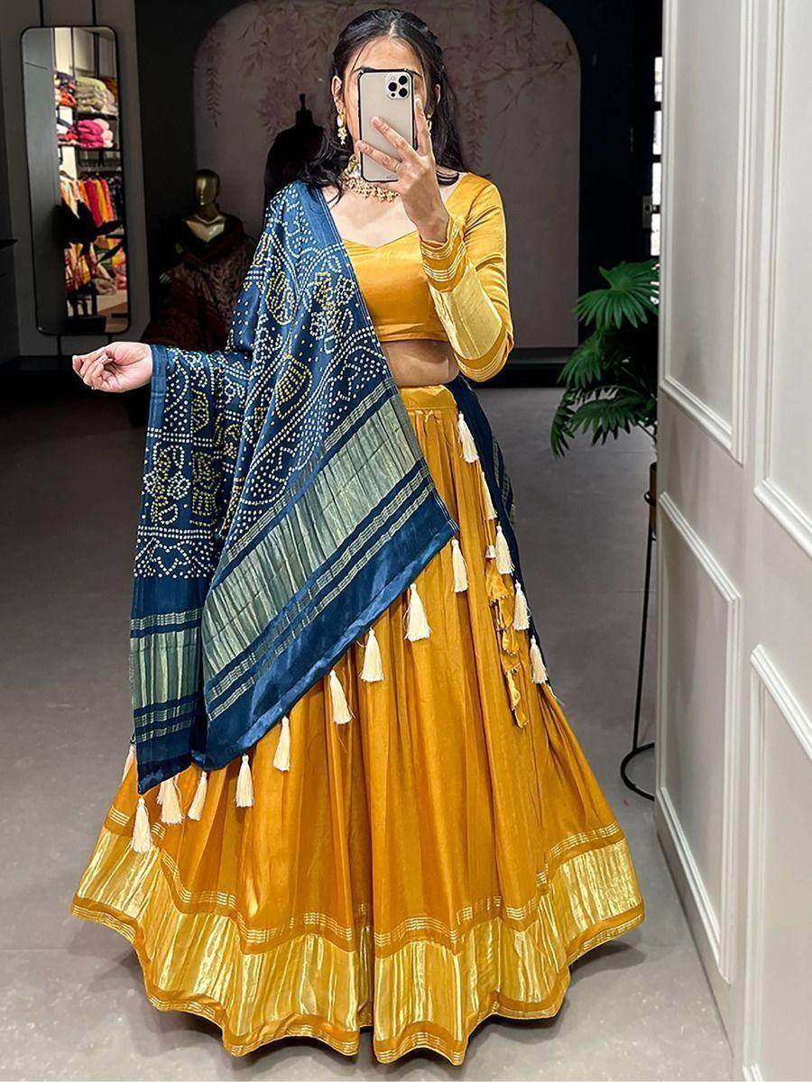 Sweet Yellow Gaji Silk Reception Lehenga Choli With Bandhani Dupatta - Zeel Clothing