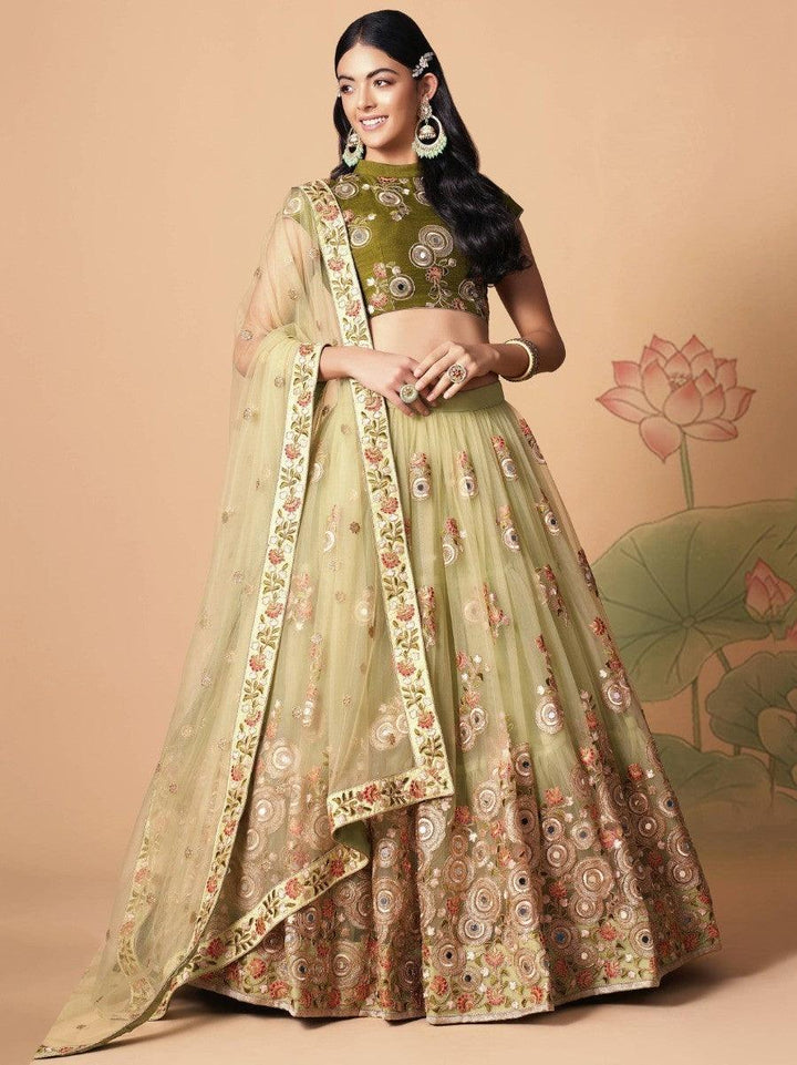 Endearing Pastel Green Mirror Work Net Party Wear Lehenga Choli
