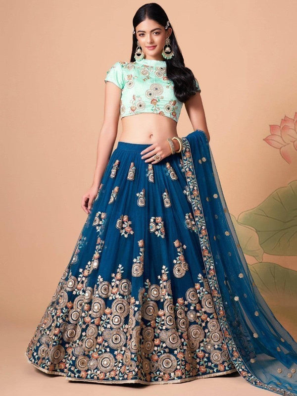 Spectacular Dove Blue Mirror Work Net Event Wear Lehenga Choli
