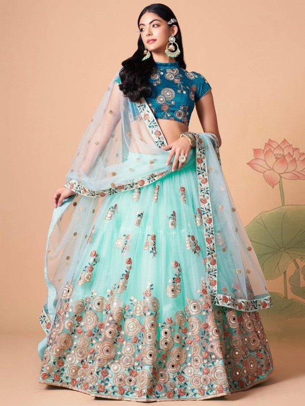 Remarkable Sky Blue Mirror Work Net Reception Wear Lehenga Choli