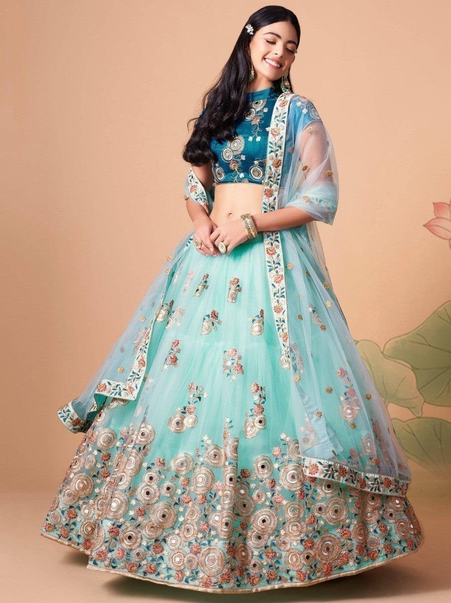 Remarkable Sky Blue Mirror Work Net Reception Wear Lehenga Choli