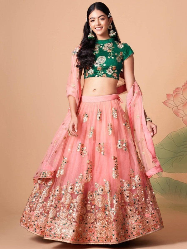 Glamorous Peach Mirror Work Net Wedding Wear Lehenga Choli