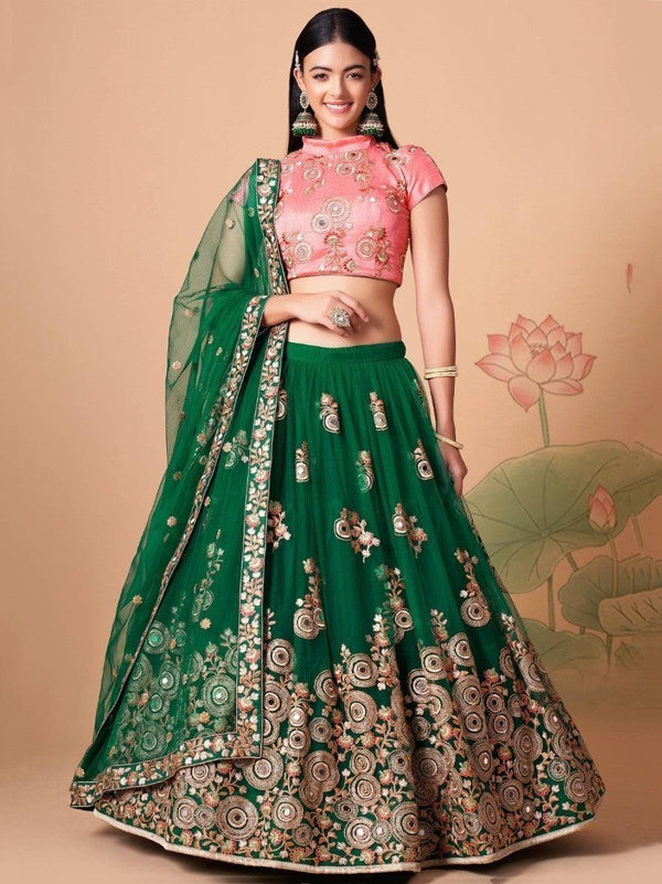 Abundant Green Mirror Work Net Reception Wear Lehenga Choli