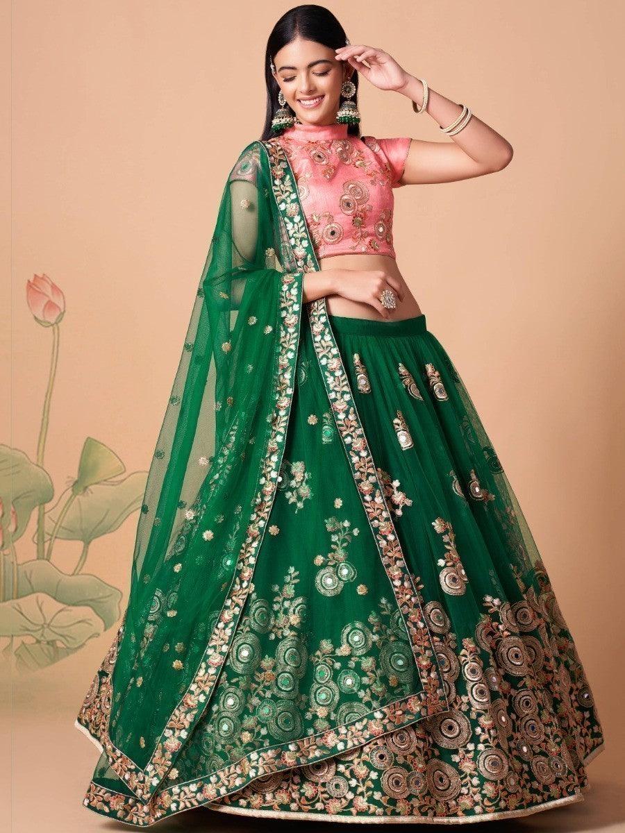Abundant Green Mirror Work Net Reception Wear Lehenga Choli