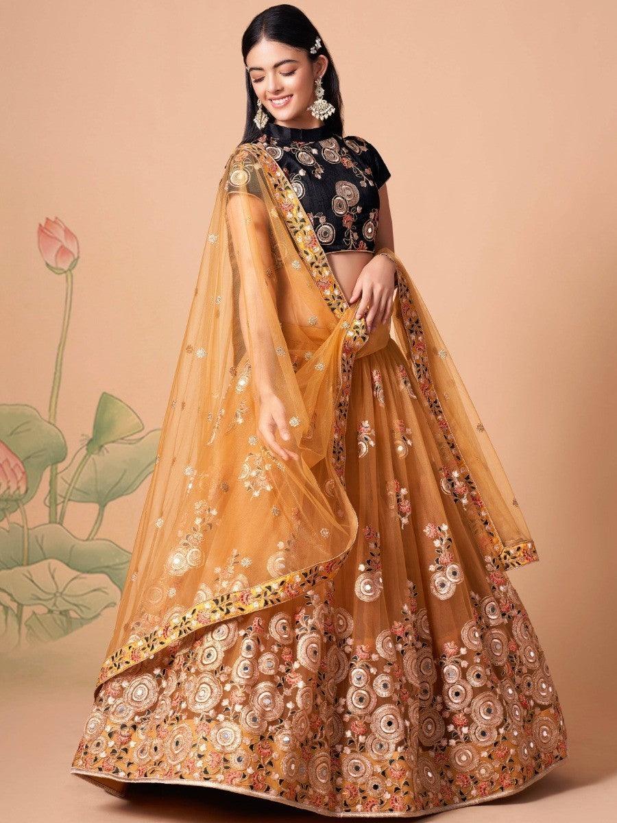 Delightful Gold Mirror Work Net Wedding Wear Lehenga Choli