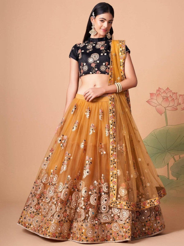 Delightful Gold Mirror Work Net Wedding Wear Lehenga Choli