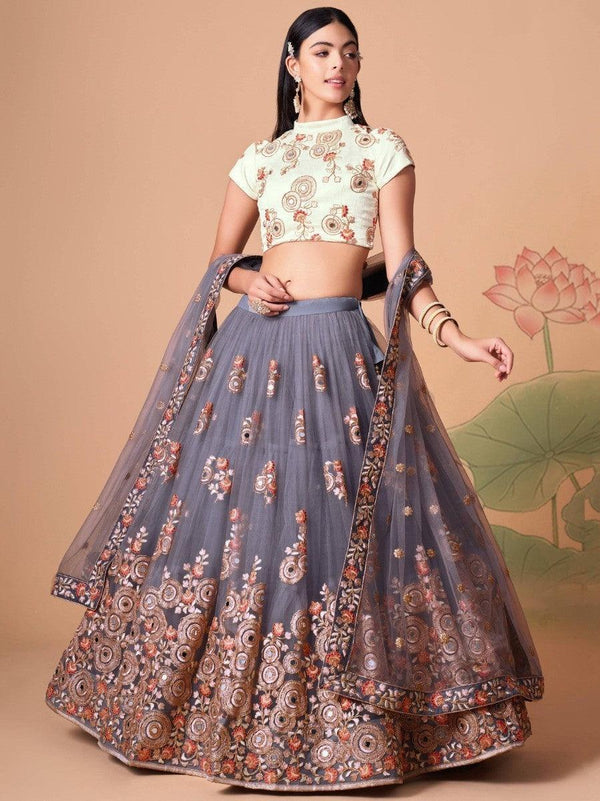 Endearing Grey Mirror Work Net lehenga Choli With Dupatta