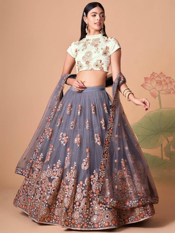 Endearing Grey Mirror Work Net lehenga Choli With Dupatta