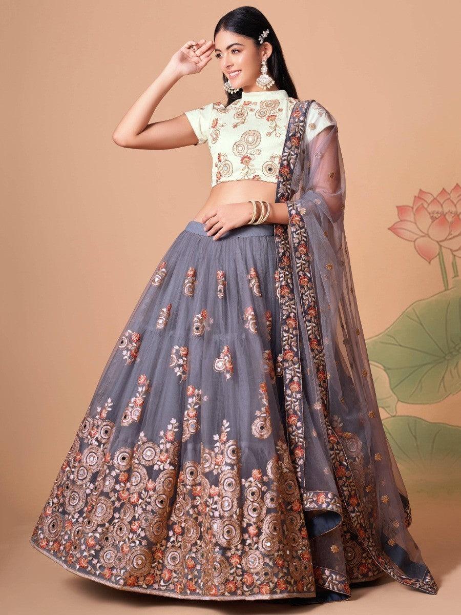 Endearing Grey Mirror Work Net lehenga Choli With Dupatta