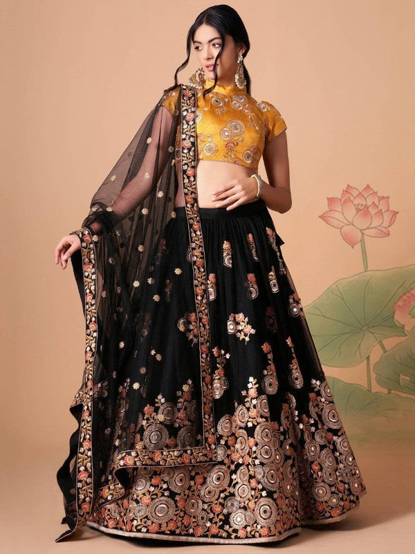 Magnificent Black Mirror Work Net Party Wear Lehenga choli