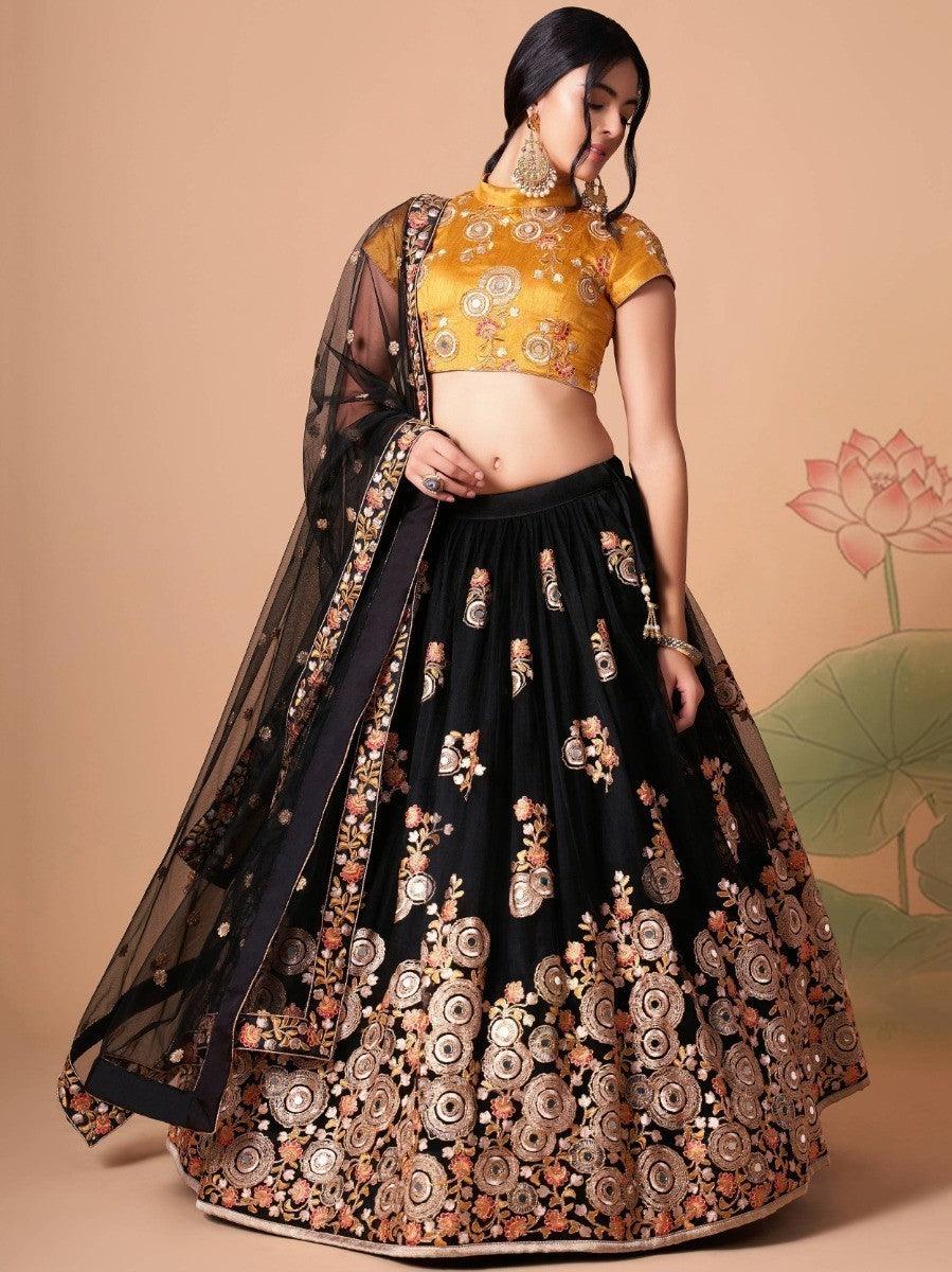 Magnificent Black Mirror Work Net Party Wear Lehenga choli