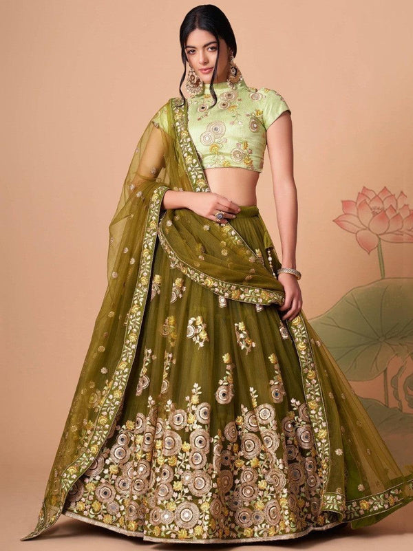 Splendid Olive Green Mirror Work Net Lehenga Choli With Dupatta